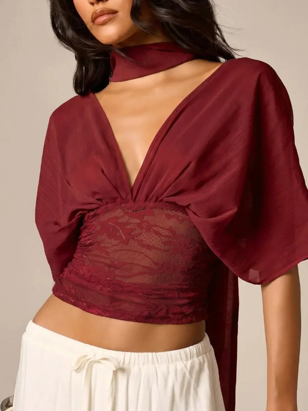 Burgundy Elegant Women's Lace Panel Crop Top